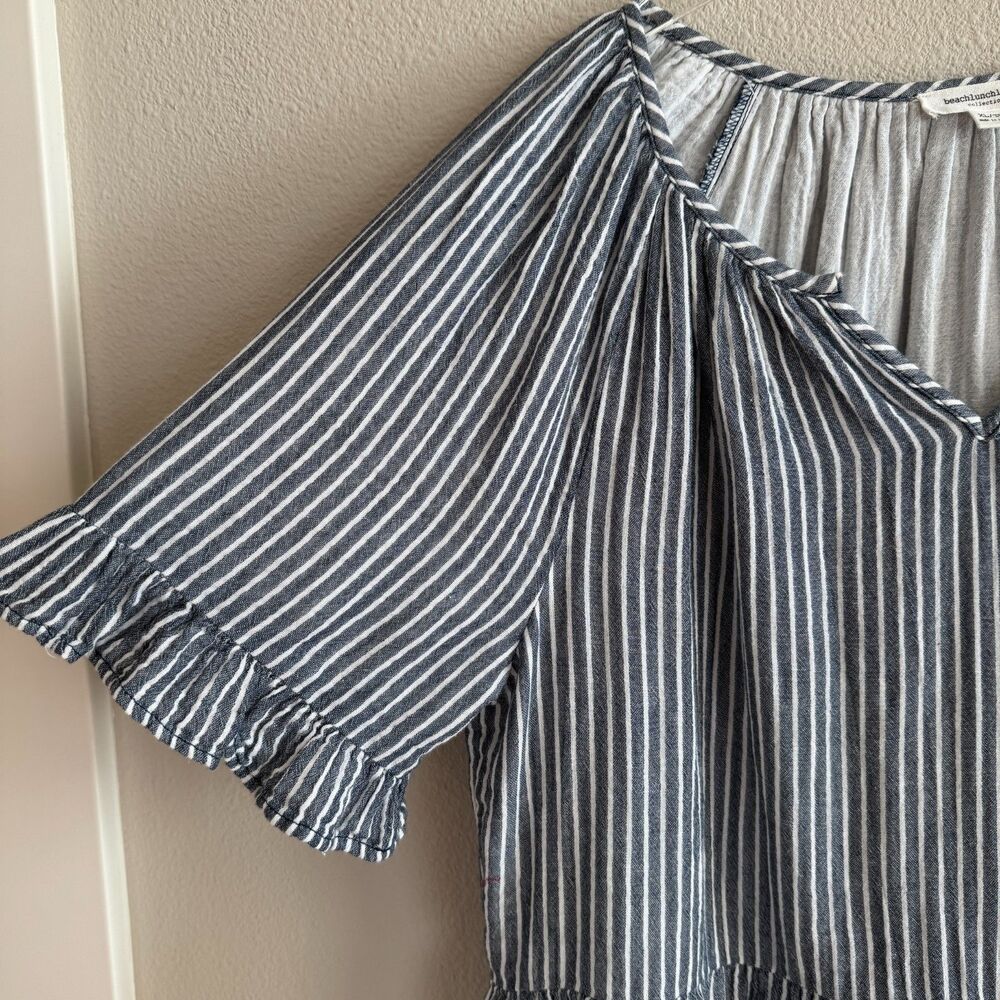 Beach Lunch Lounge Blue Stripe Cotton Peplum Top XL Coastal Boho Breezy Blouse - Picture 3 of 6
